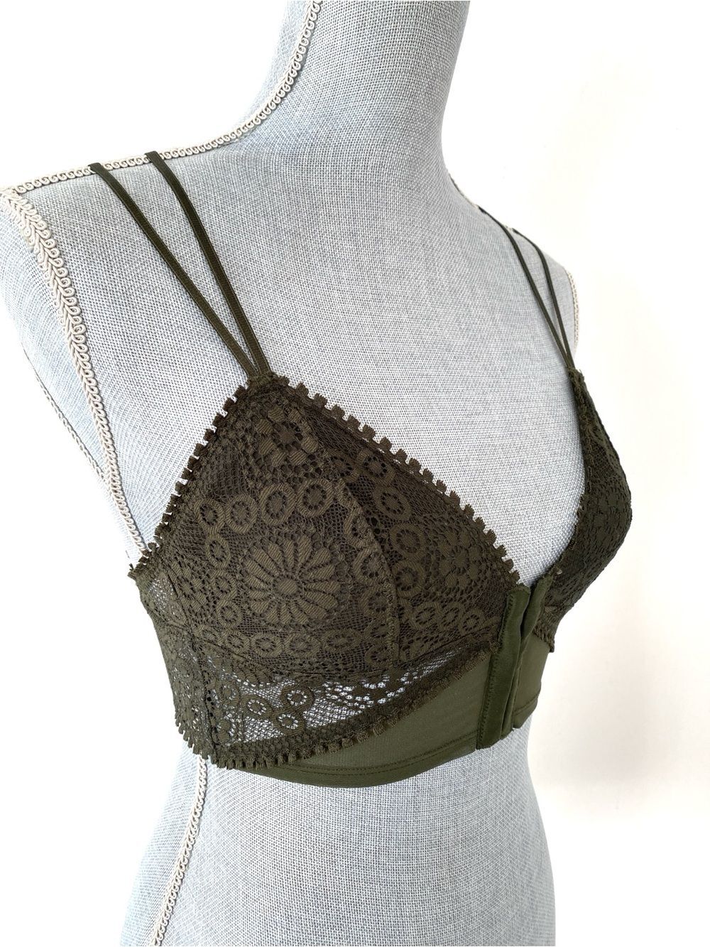 aerie Olive Green Lace Bralette Double Straps Corset Closer Front XS Cottage